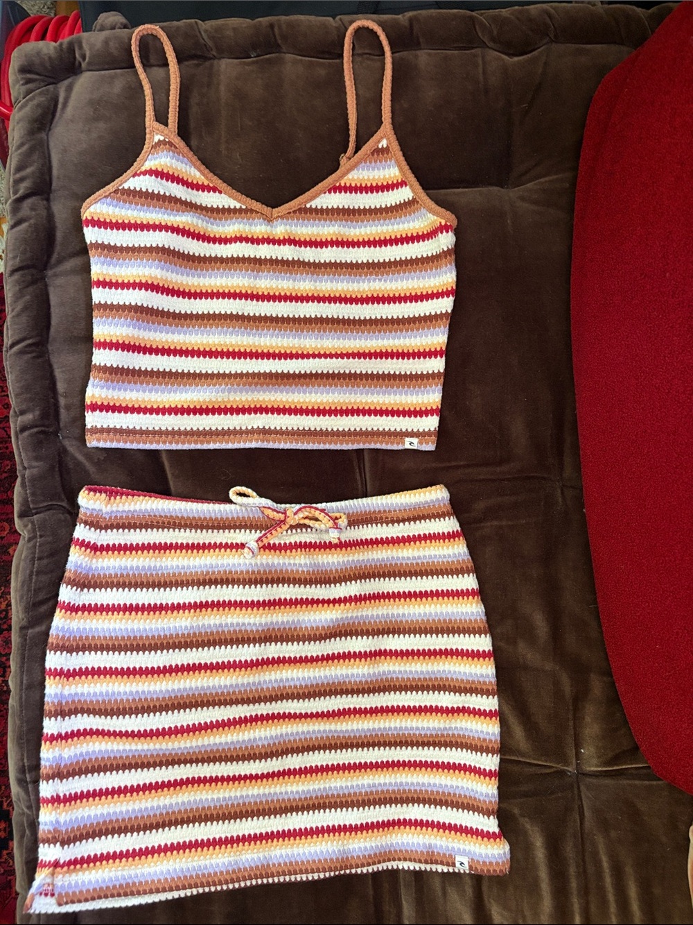 Rip Curl Striped Knit Skirt and Crop Top Set Orange, Red, Yellow, Purple, White